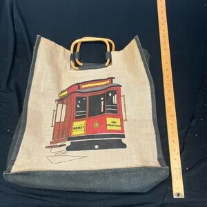 Koret Natural Jute Tote with Red Cable Car Graphic and Black Trim